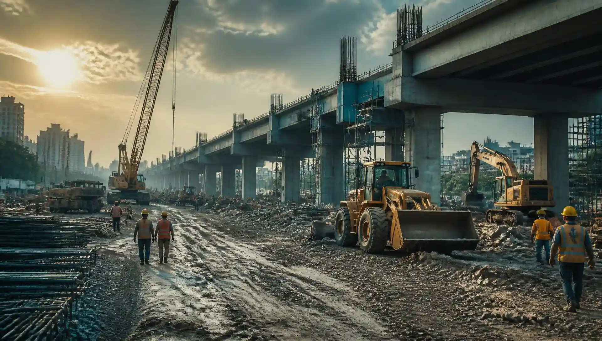 Large-scale Indian infrastructure project with excavators, cranes and loaders