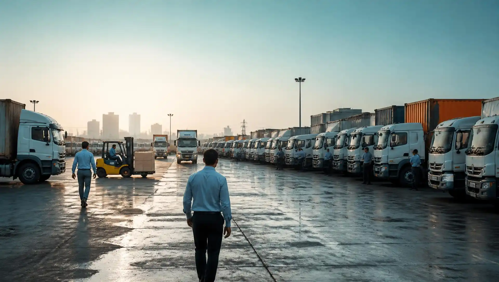 Indian commercial vehicle fleet yard with trucks and forklifts