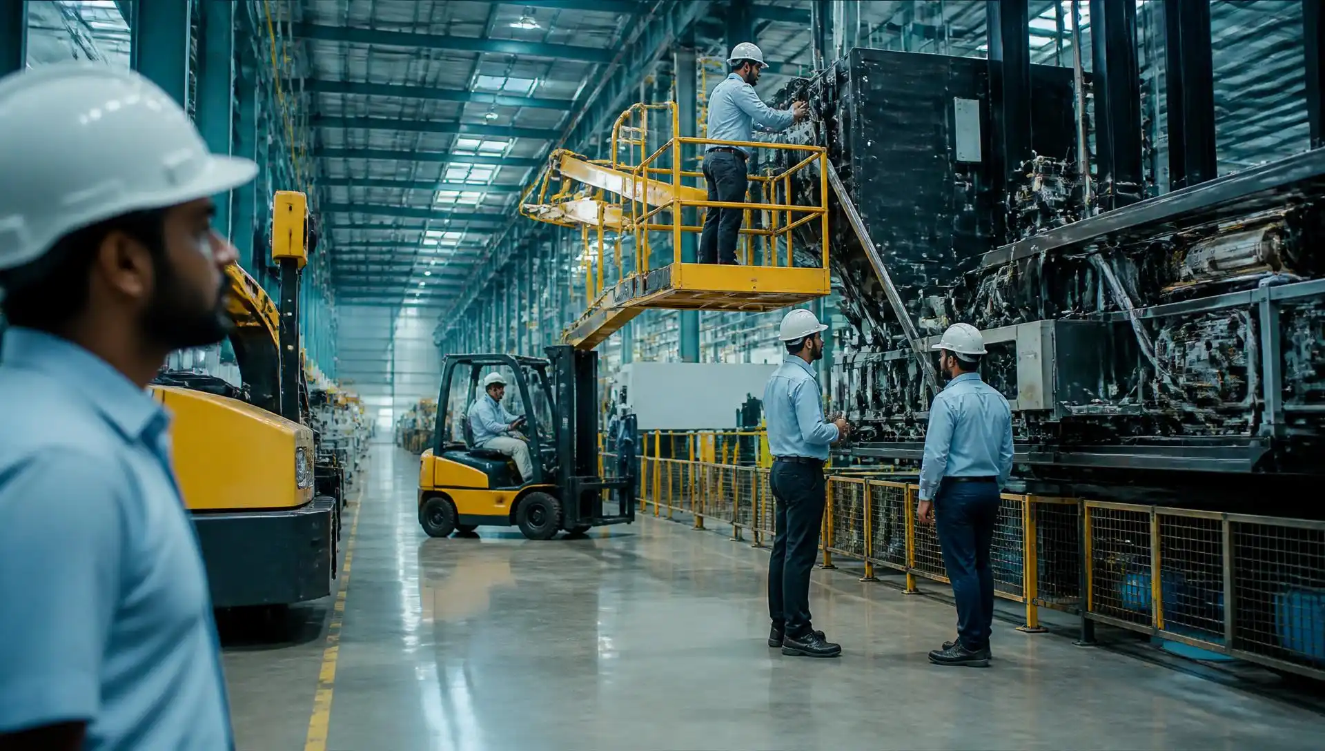 Indian manufacturing facility with forklifts and aerial work platforms