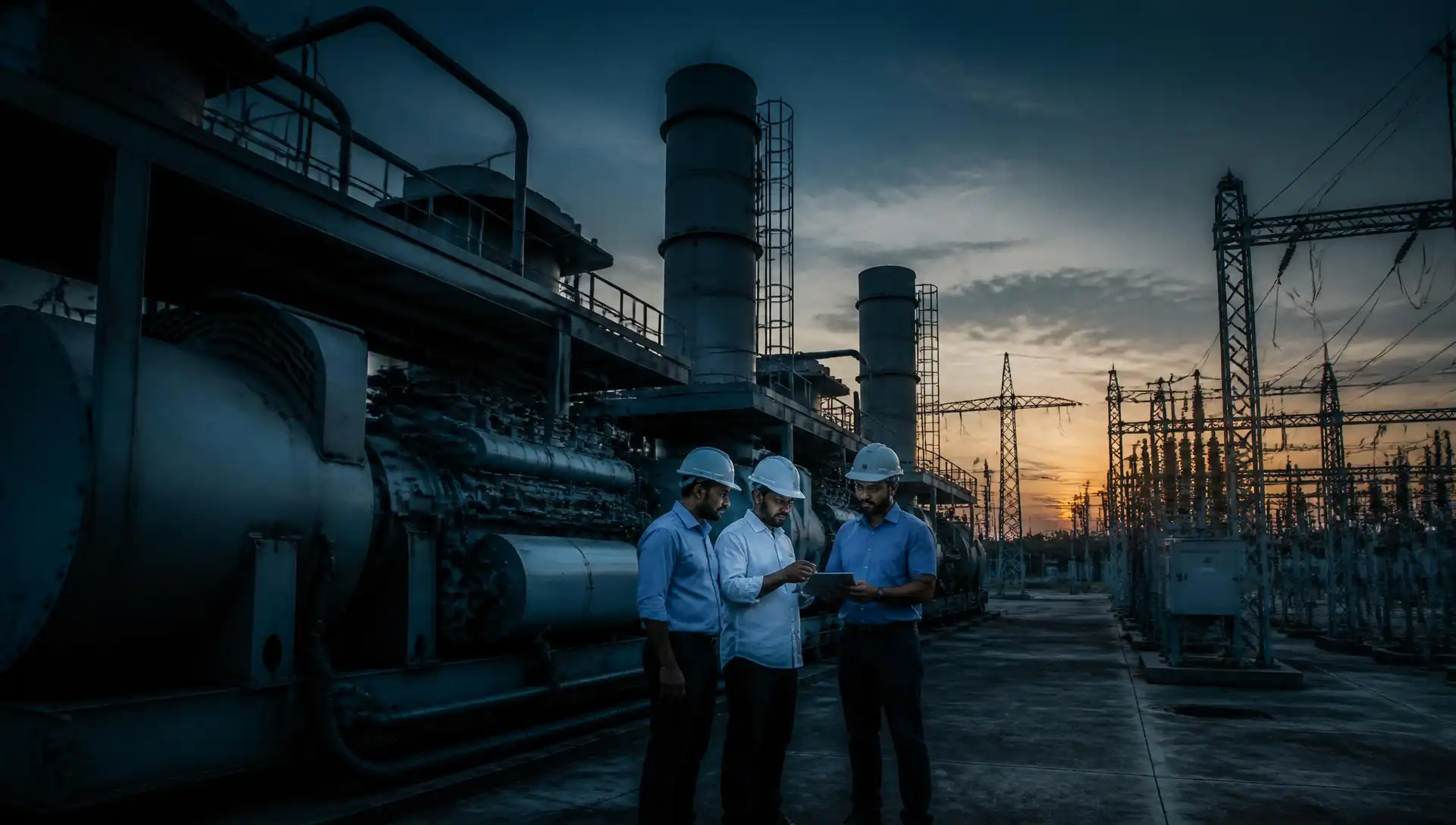 Indian energy infrastructure with generators and engineers at dusk